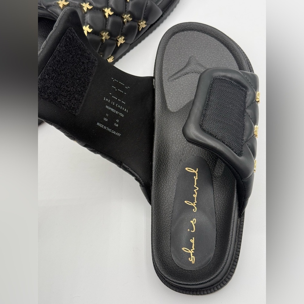 She Is Cheval Black Quilted Slide Sandals W/Gold Accents Comfort Designer Style - Picture 8 of 17
